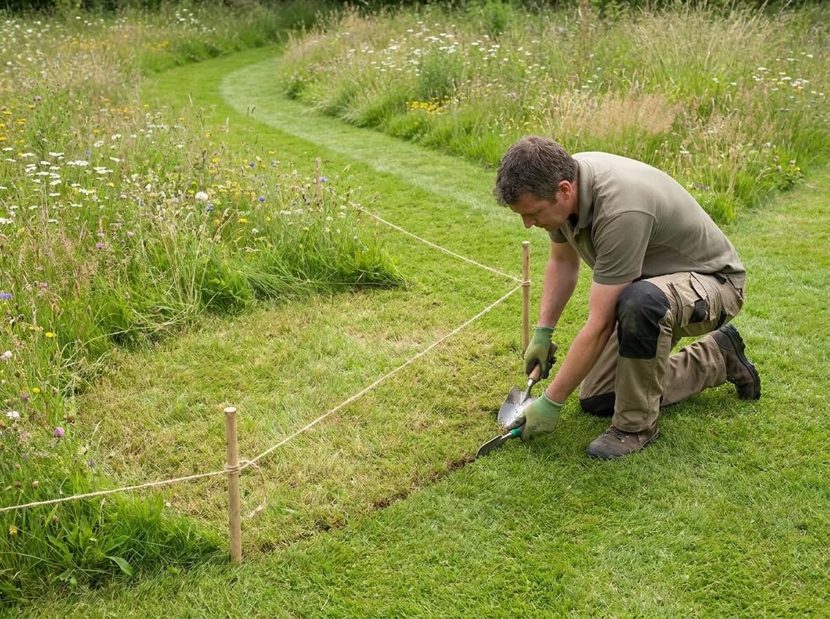 Gardener marking out a wildflower meadow section in a traditional grass lawn with string and canes