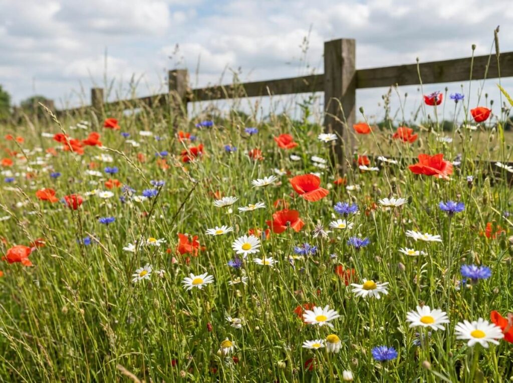 A lush native wildflower meadow lawn with poppies, ox-eye daisies and cornflowers in full summer bloom