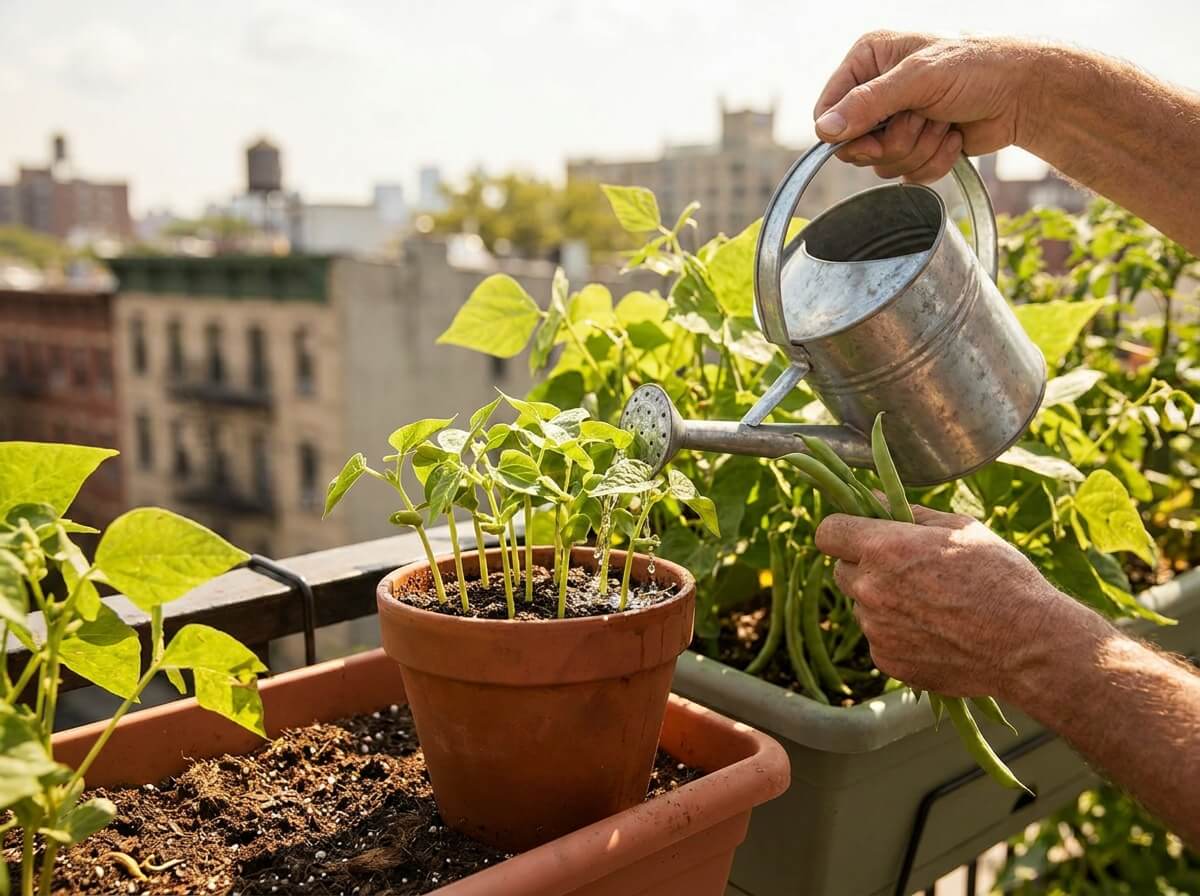 Small pot of green bean seedlings being watered on a balcony in summer heat