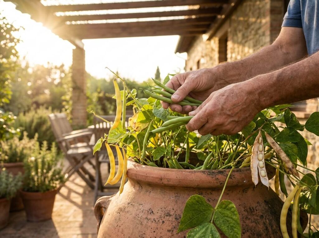 Hands harvesting fresh green beans from a terracotta pot on a sunny summer patio