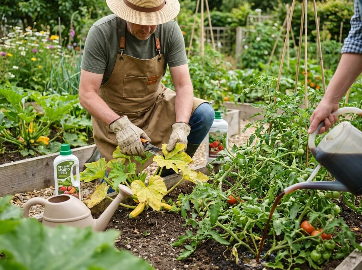 Gardener removing old courgette leaves and applying liquid feed to vegetable bed