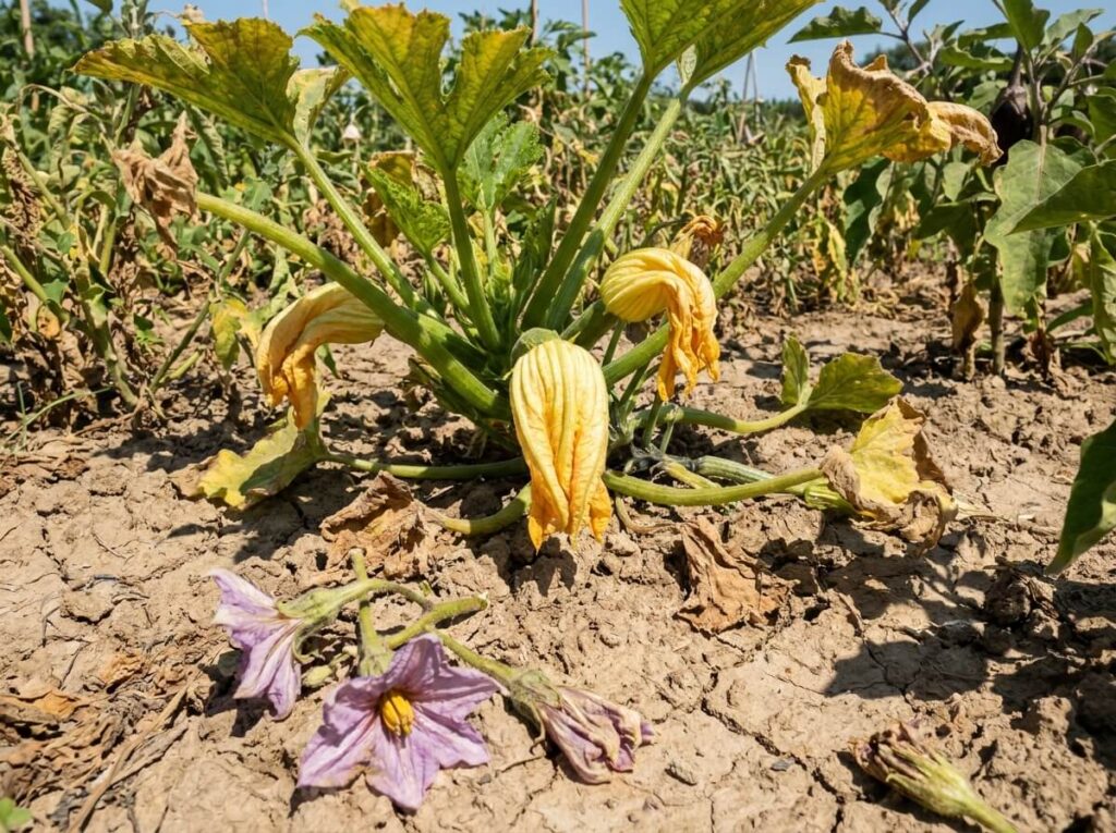 Courgette plant with yellowing wilting flowers and no fruit set in summer heat