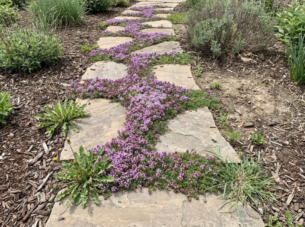 Dense carpet of flowering creeping thyme smothering weeds between garden stepping stones in summer