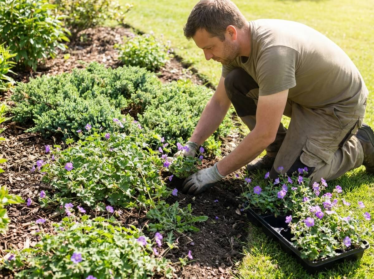 Gardener planting geranium groundcover in a sunny border to suppress weeds naturally