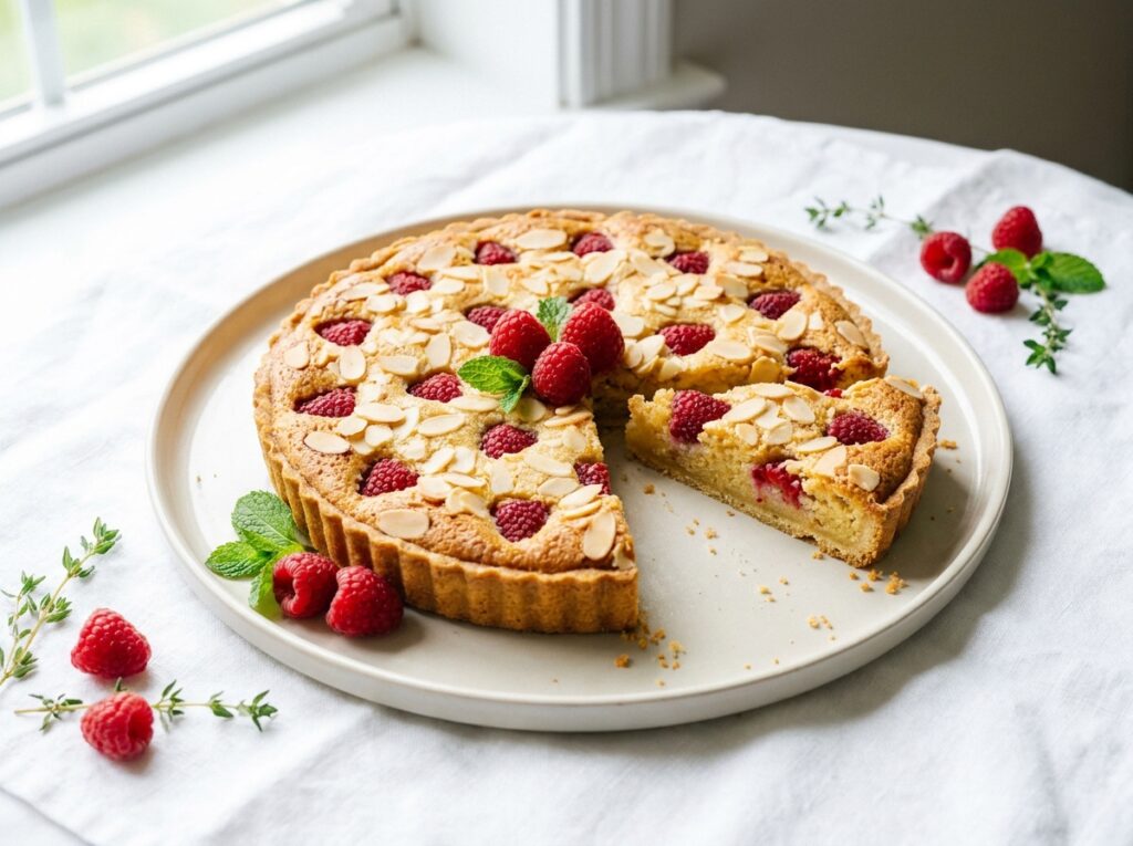 A golden almond frangipane tart studded with fresh red raspberries and flaked almonds, one slice removed, on a pale ceramic plate with scattered berries