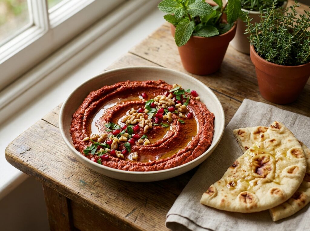 Deep red muhammara dip swirled in a shallow bowl, drizzled with olive oil and topped with walnut pieces, pomegranate seeds and parsley, warm flatbread beside it