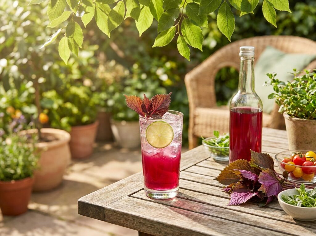 Tall glass of ruby-magenta shiso cordial over ice with sparkling water, lime wheel and shiso sprig, bottle of cordial and red perilla leaves on a garden table