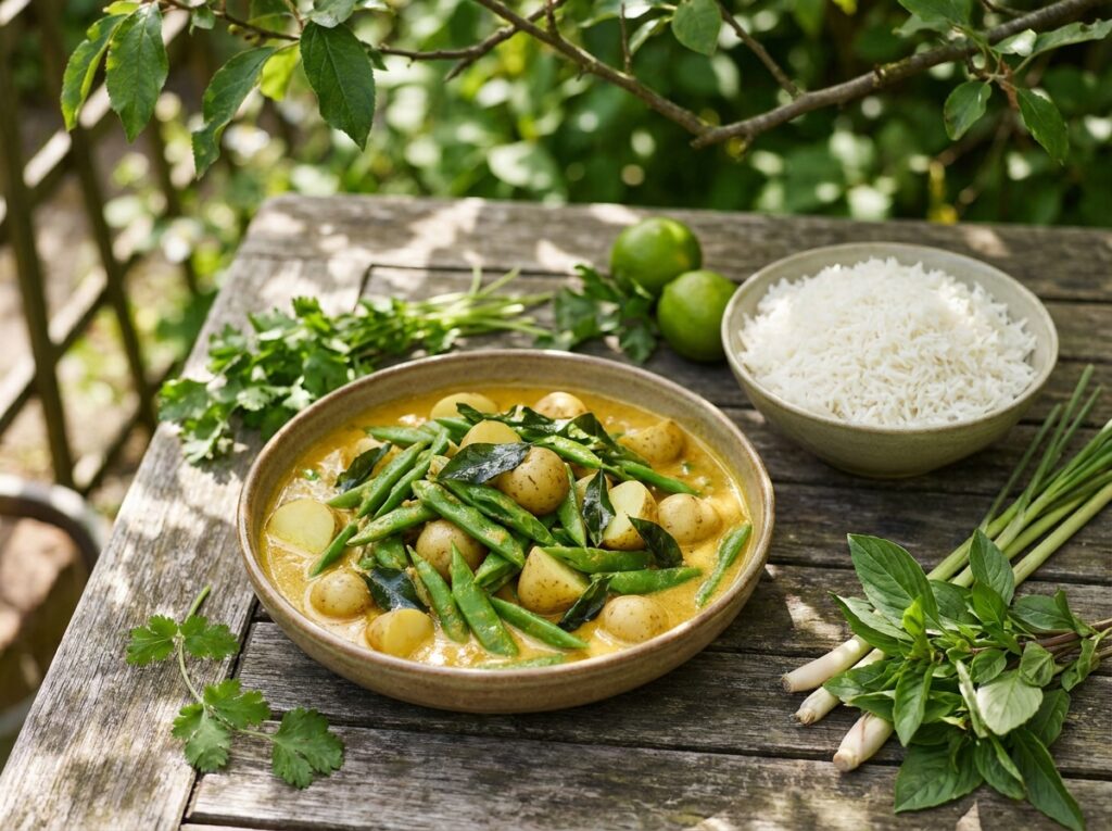 A wide bowl of golden coconut curry with diagonal-cut green runner beans and halved new potatoes, scattered curry leaves, served beside white rice