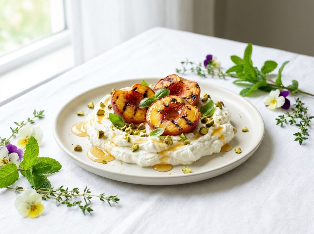 Cloud of whipped ricotta topped with charred grilled peach halves, drizzled with golden honey, scattered with green pistachios and small basil leaves on a pale plate.