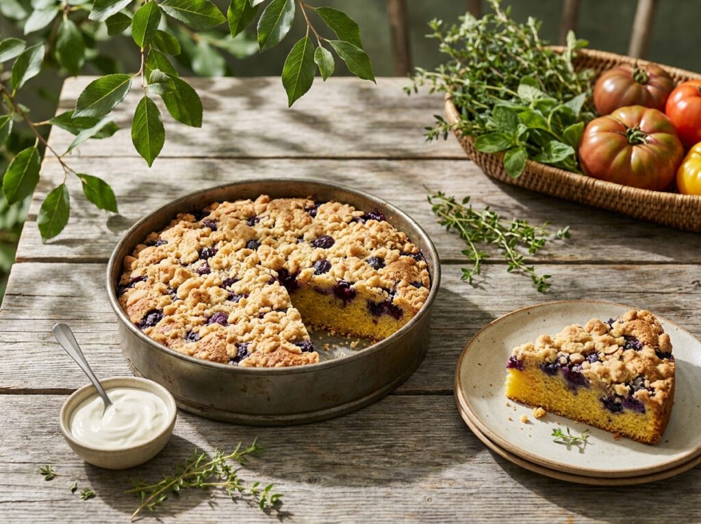 Golden cornmeal buckle in a round tin on a garden table, almond streusel top, bursting purple blueberries, one wedge cut, lemon thyme sprigs and crème fraîche alongside
