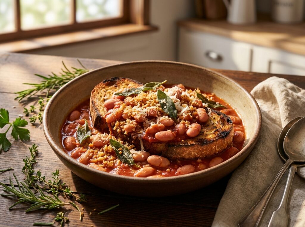 Rustic bowl of pinkish-tan borlotti beans in glossy brick-red tomato broth over charred sourdough, scattered with golden breadcrumbs, crisp sage leaves and grated pecorino