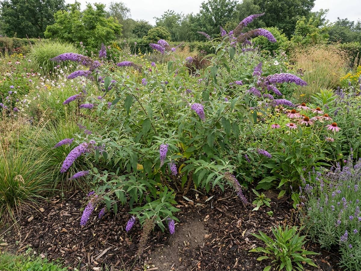 Buddleja davidii growing in a garden border