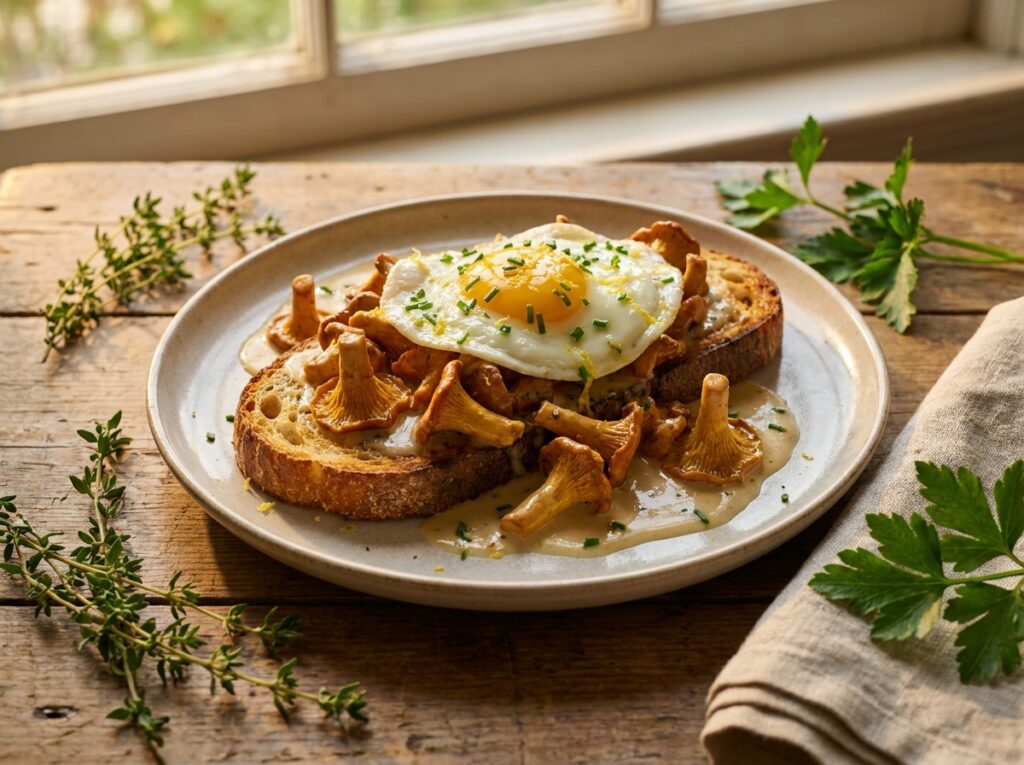 Golden chanterelle mushrooms in glossy cream sauce piled on thick toasted sourdough, topped with a runny fried egg, chives and lemon zest on a rustic plate