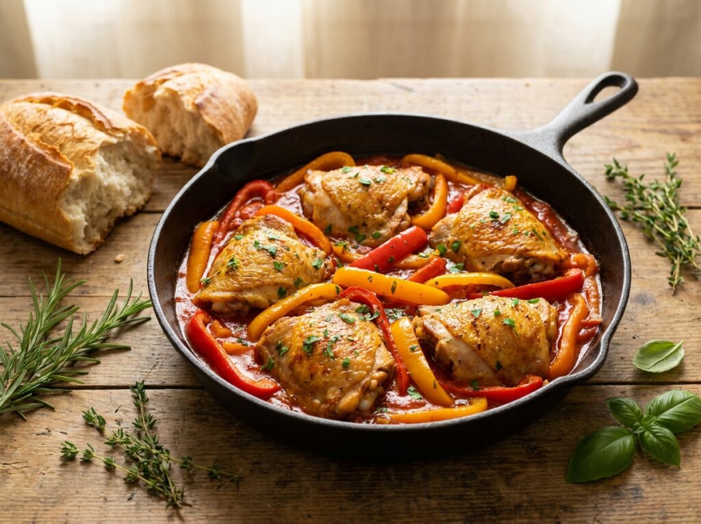 Rustic cast-iron pan of golden-skinned chicken thighs nestled in glossy red, orange and yellow pepper strips with tomato sauce, scattered parsley, crusty bread beside