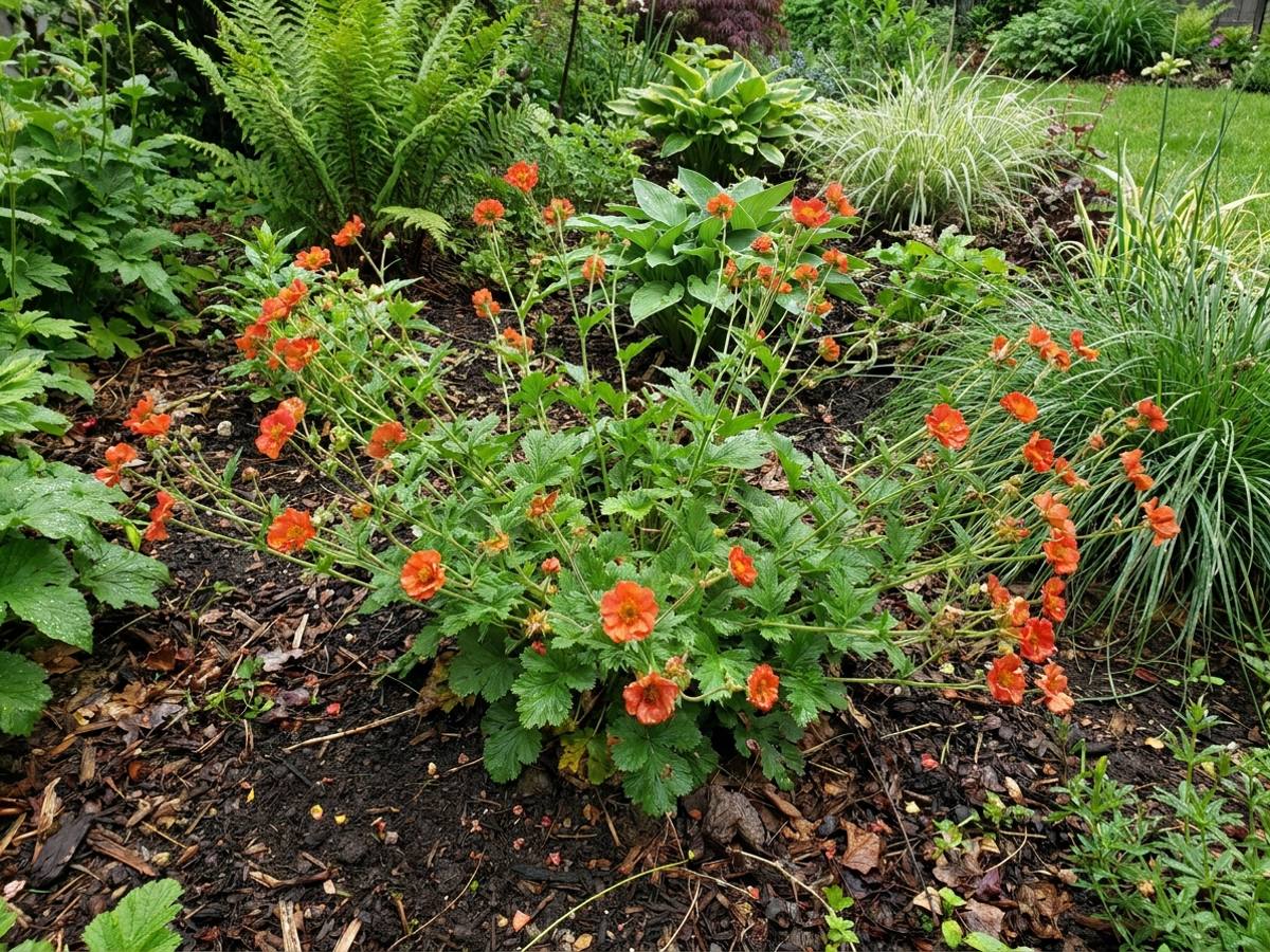 Geum coccineum growing in a garden border