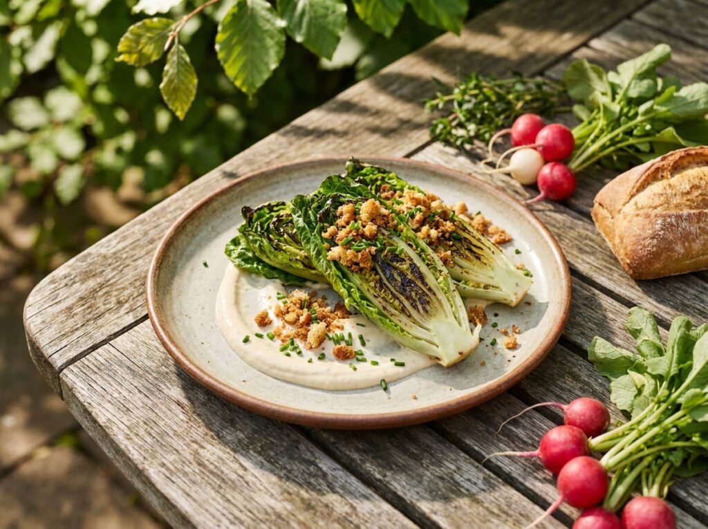 Halved Little Gem lettuce hearts with dark char marks resting on pale anchovy cream, scattered with golden sourdough crumbs and snipped chives, on a ceramic plate outdoors