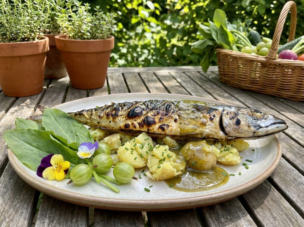 Whole grilled mackerel with blistered charred skin on chive-flecked crushed new potatoes, olive-green gooseberry sorrel sauce spooned over, fresh sorrel leaves and gooseberries beside