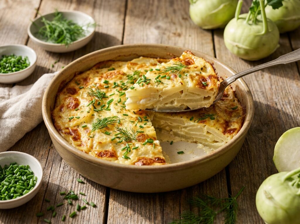 Golden-crusted kohlrabi gratin in a shallow ceramic dish on a weathered wooden table, one wedge lifted showing creamy pale layers, chives and dill scattered over