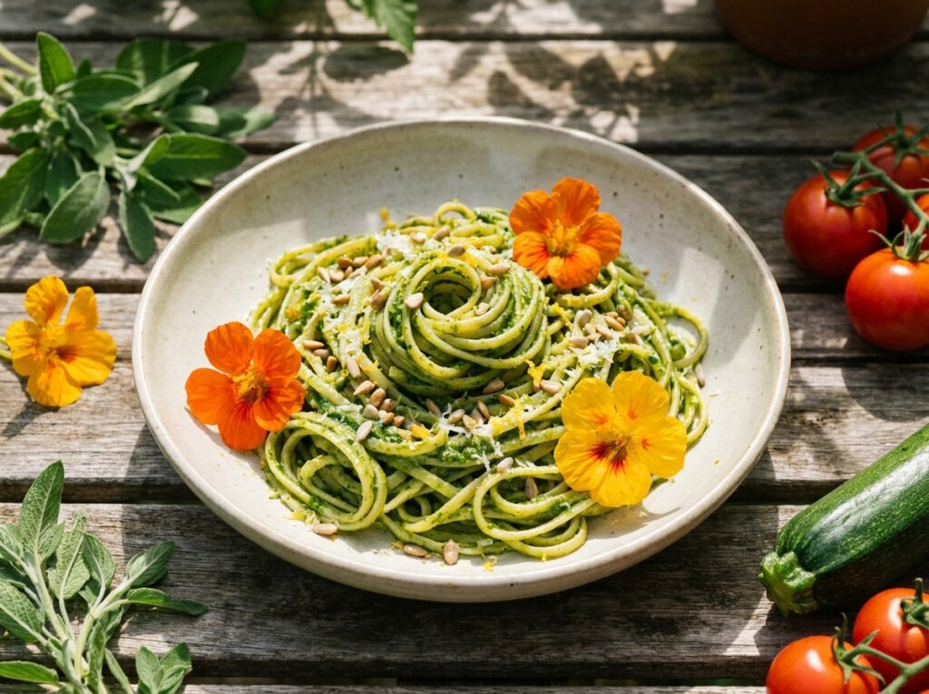 Twirled linguine coated in vivid green pesto in a shallow ceramic bowl, scattered with orange and yellow nasturtium flowers, toasted sunflower seeds, lemon zest and grated pecorino