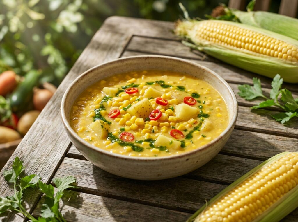 Bowl of golden sweetcorn chowder with whole kernels and potato chunks, drizzled with bright green chive oil, chilli slices, fresh corn cobs beside it outdoors