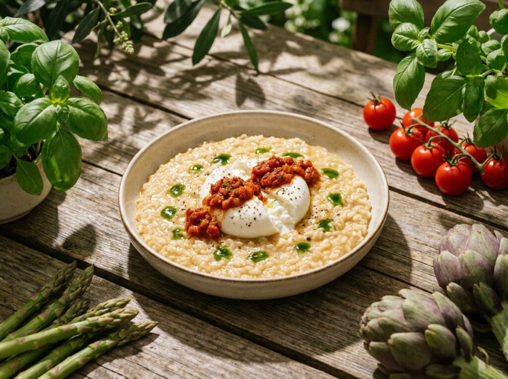 Shallow bowl of pale golden risotto flowing to the rim, torn white burrata in the centre, brick-red tomato compote, emerald basil oil drops, cracked pepper