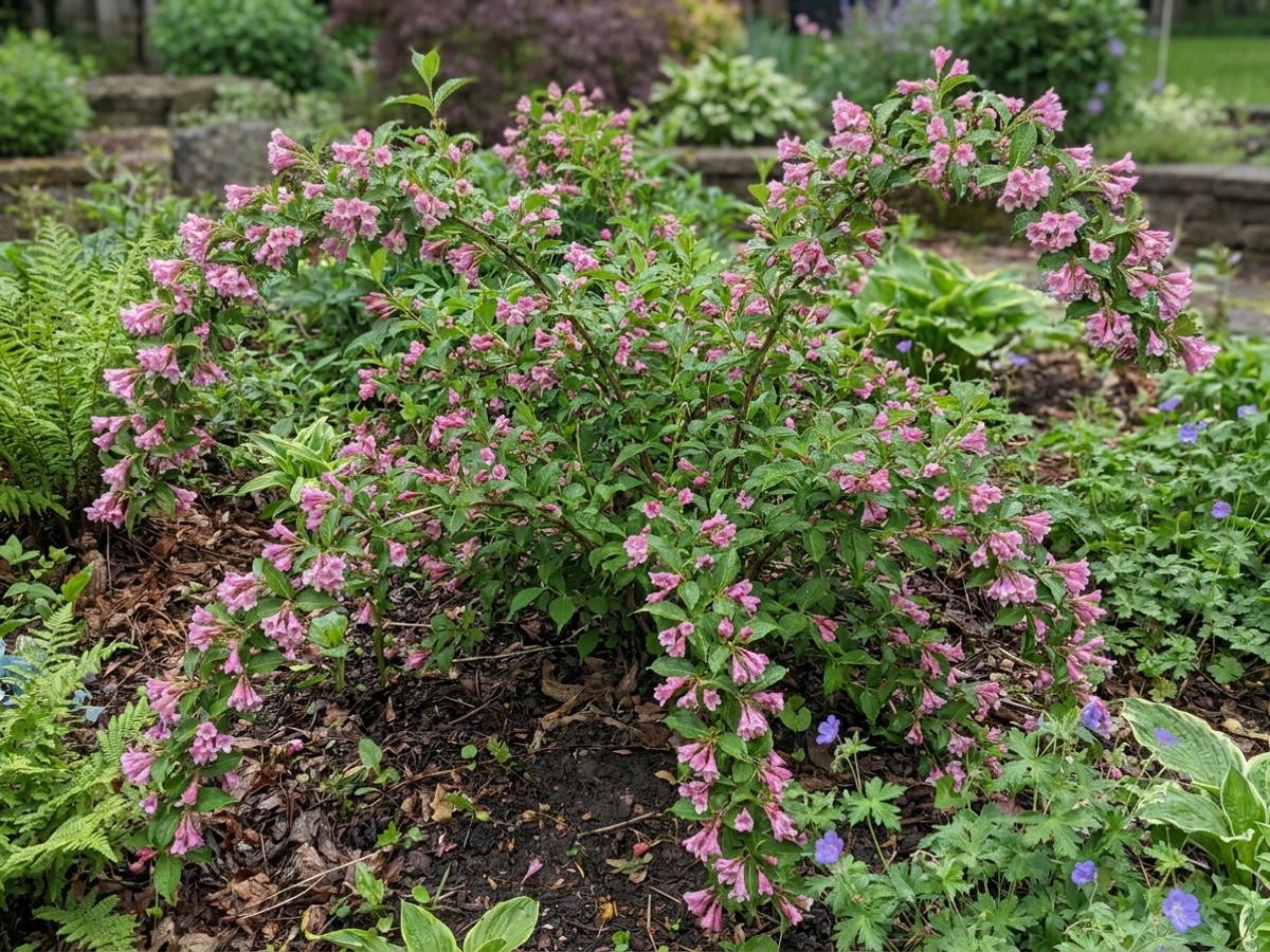 Weigela florida growing in a garden border