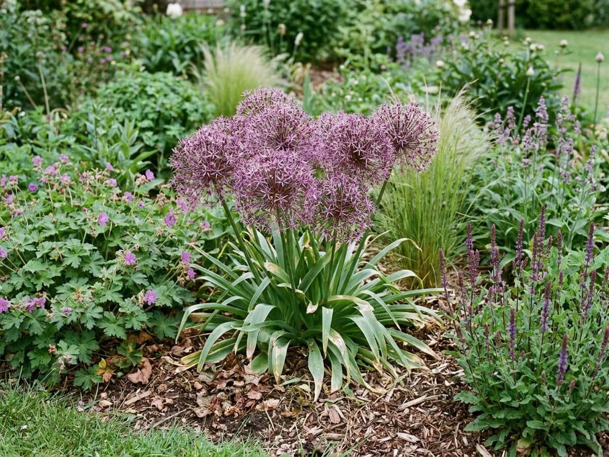 Allium cristophii growing in a garden border