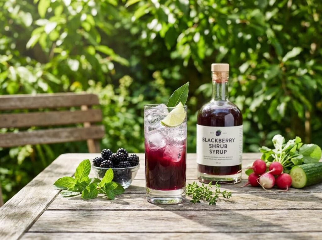 Tall glass of deep purple blackberry shrub over large ice cubes, topped with sparkling water, lime wedge and bay leaf, bottle of syrup and fresh blackberries alongside