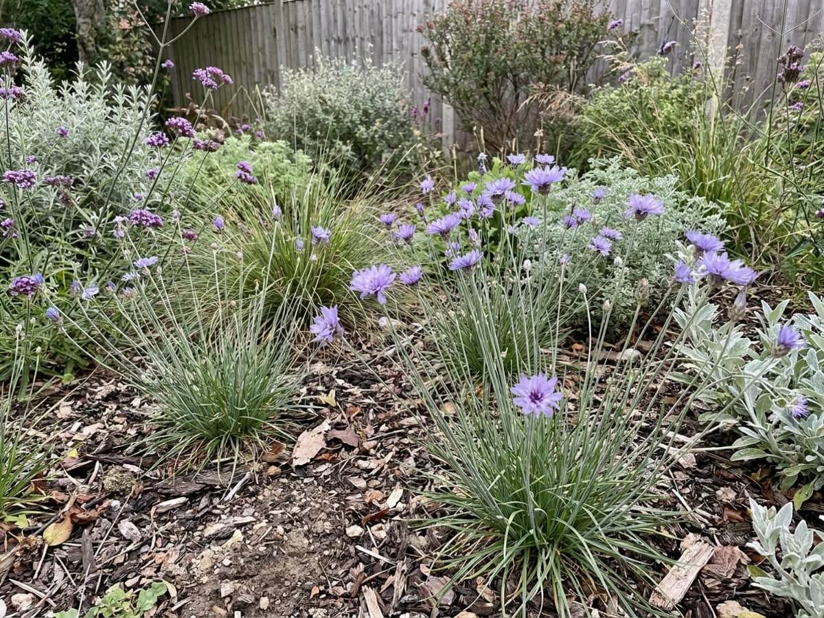 Catananche caerulea growing in a garden border