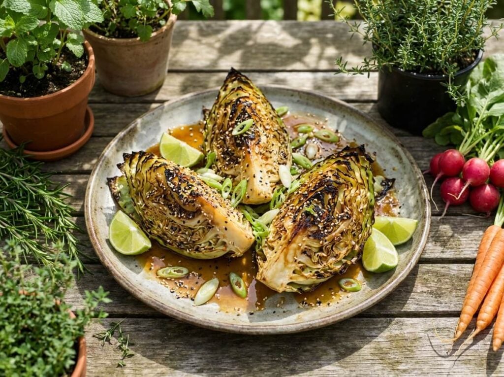Deeply charred pointed cabbage wedges on a rustic platter, glossy amber miso butter glaze pooling beneath, scattered toasted sesame seeds, sliced green spring onions, lime wedges