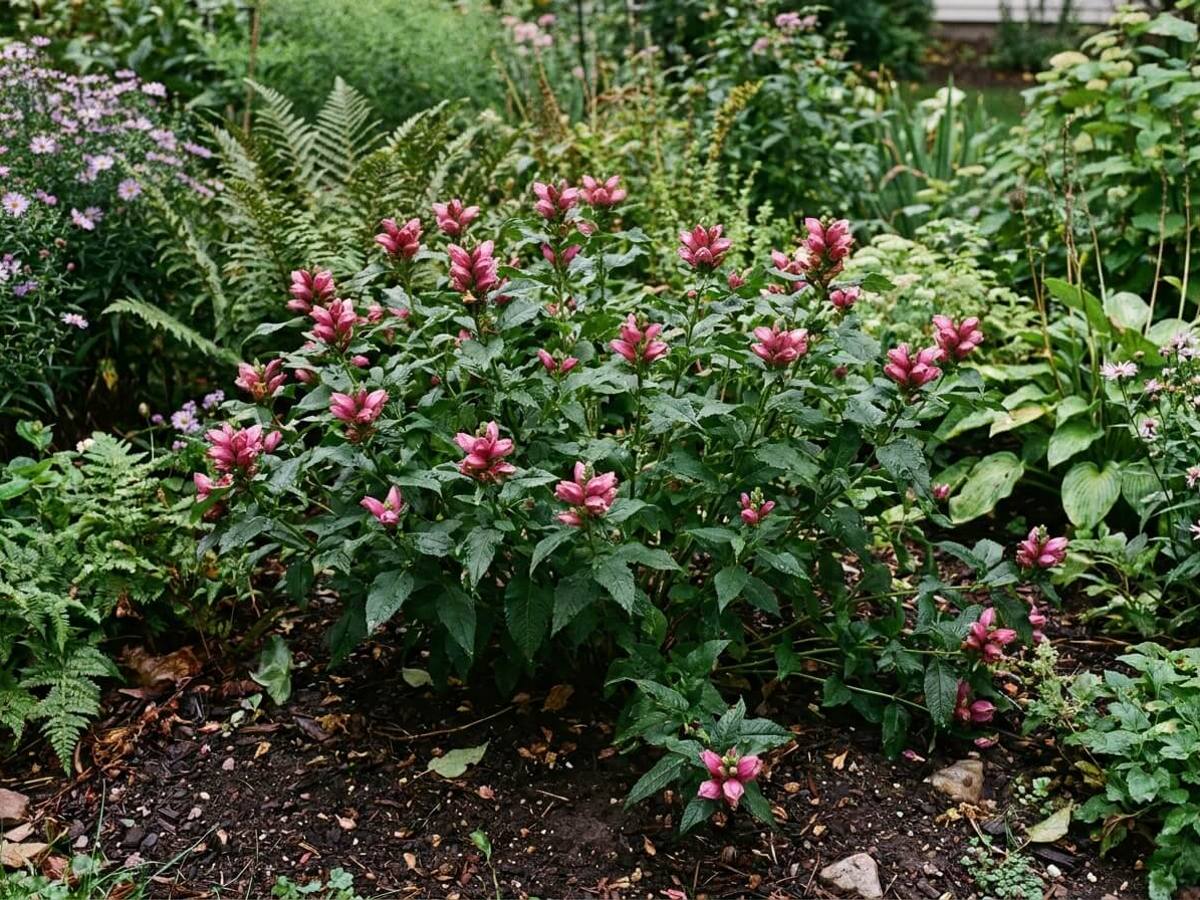 Chelone obliqua growing in a garden border