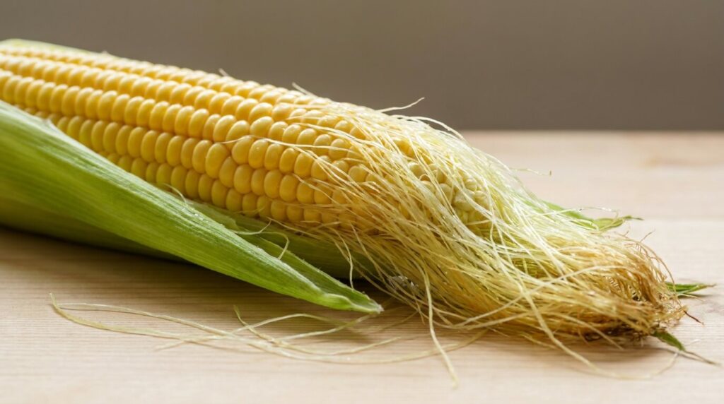 Freshly shucked sweet corn cob showing pale golden silk threads at the tip