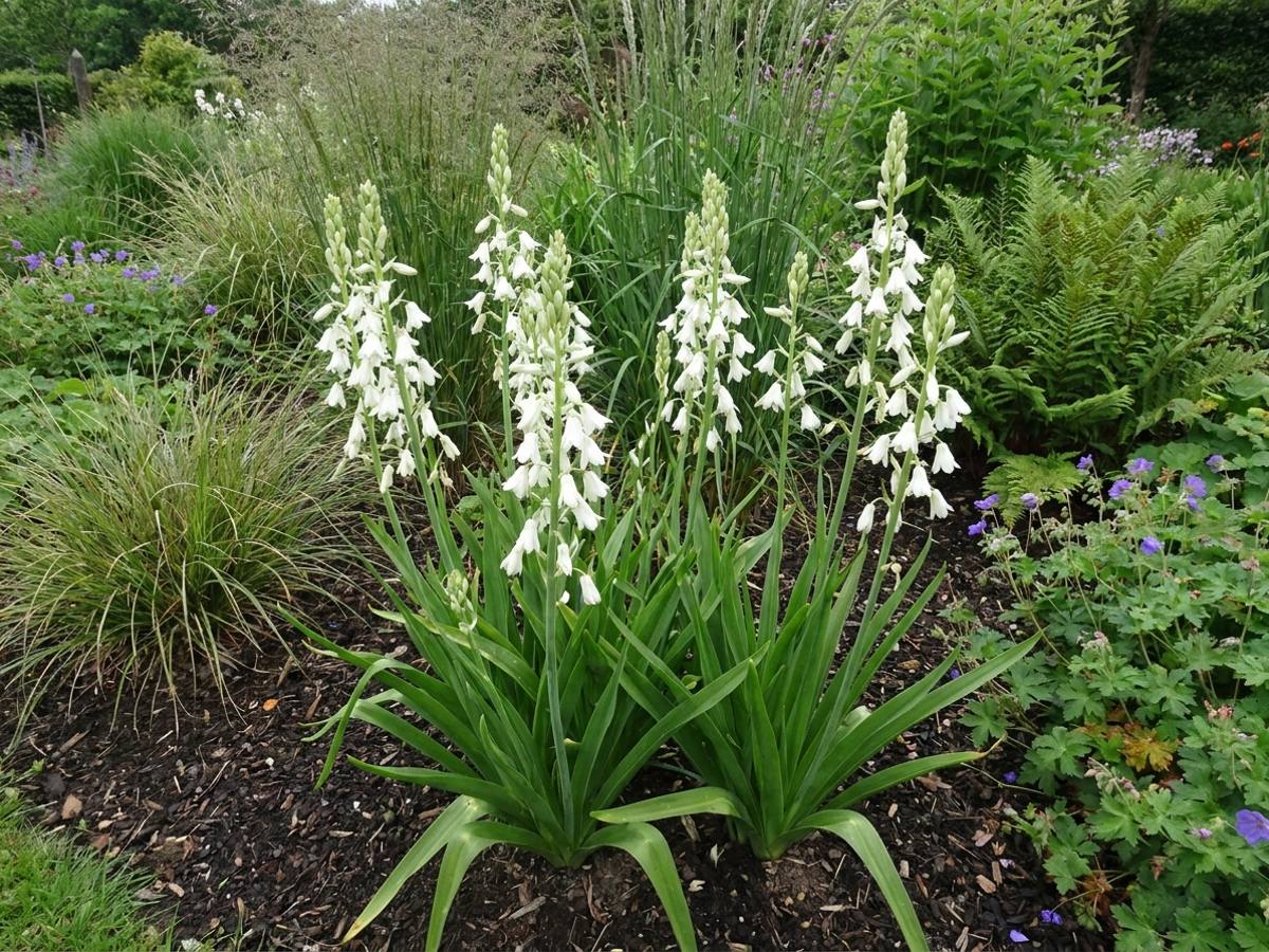 Galtonia candicans growing in a garden border