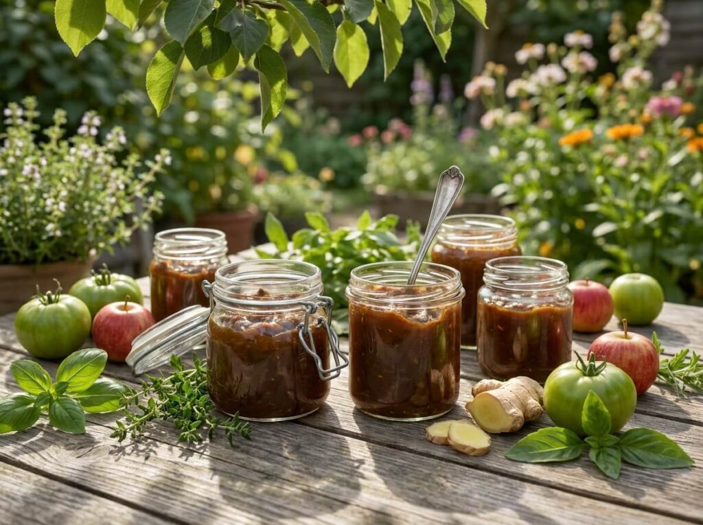 Open glass jars of dark russet green tomato chutney on a weathered garden table, spoon resting beside, whole green tomatoes, apples and ginger scattered around