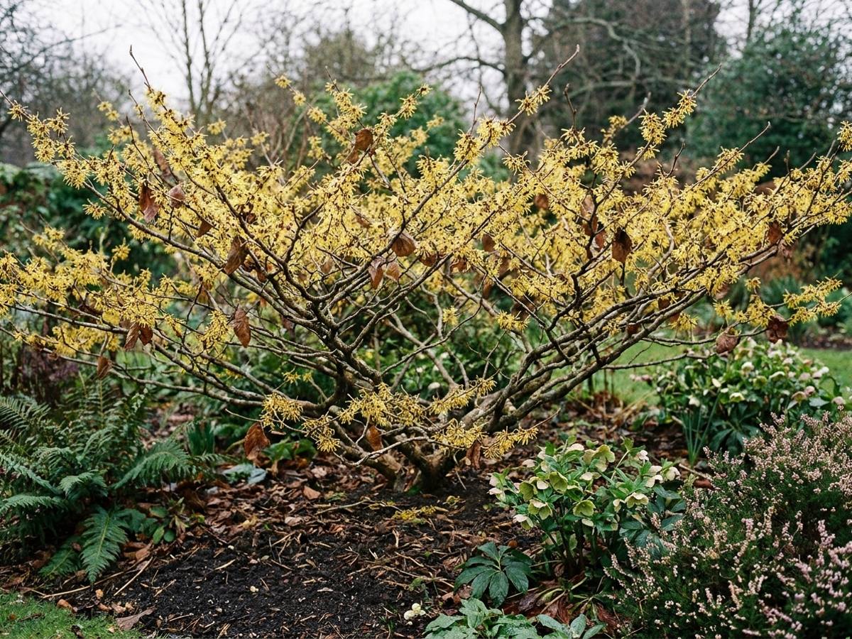 Hamamelis mollis growing in a garden border
