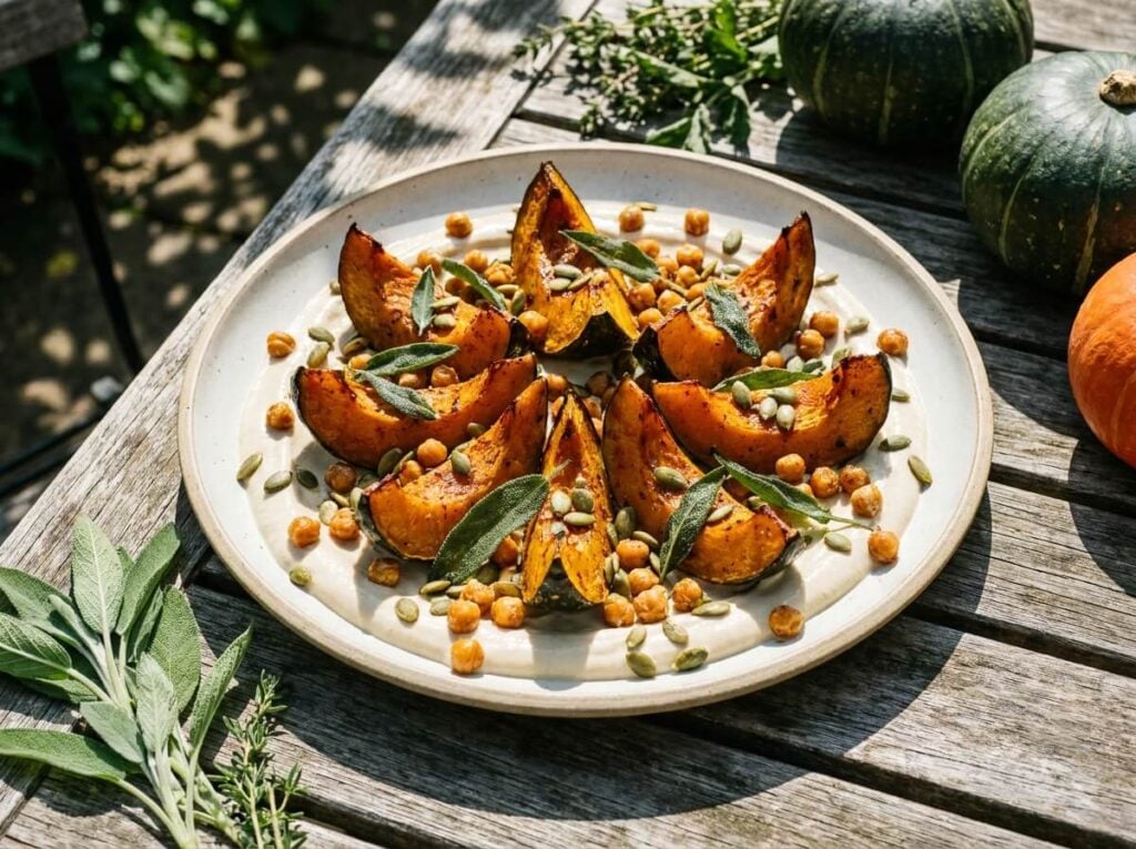 Wide platter of bronzed roasted squash wedges on pale tahini yogurt, scattered with golden crackling chickpeas, green pumpkin seeds and crisp sage leaves