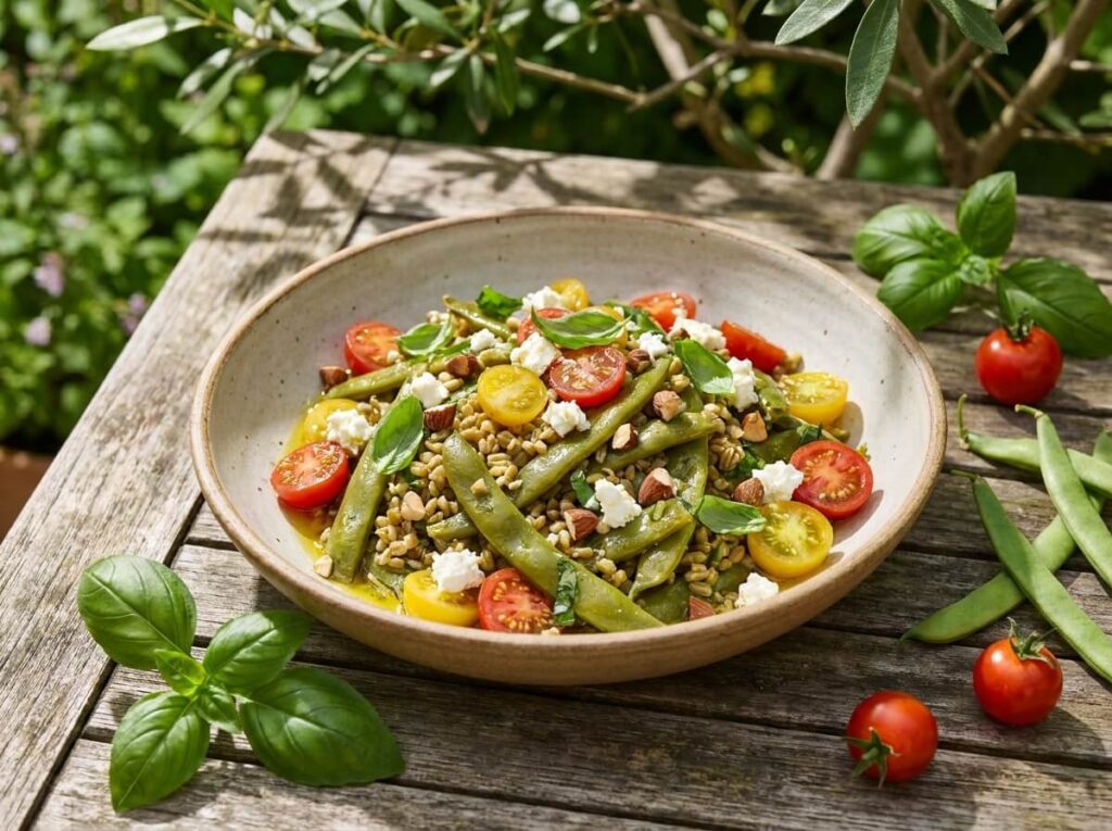 Wide shallow bowl of green runner beans and freekeh with split red and yellow cherry tomatoes, crumbled white cheese, torn basil, chopped almonds, olive oil sheen