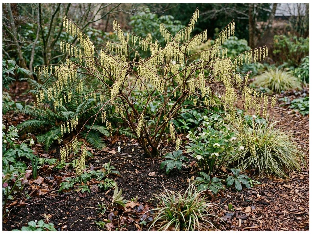 Stachyurus praecox growing in a garden border