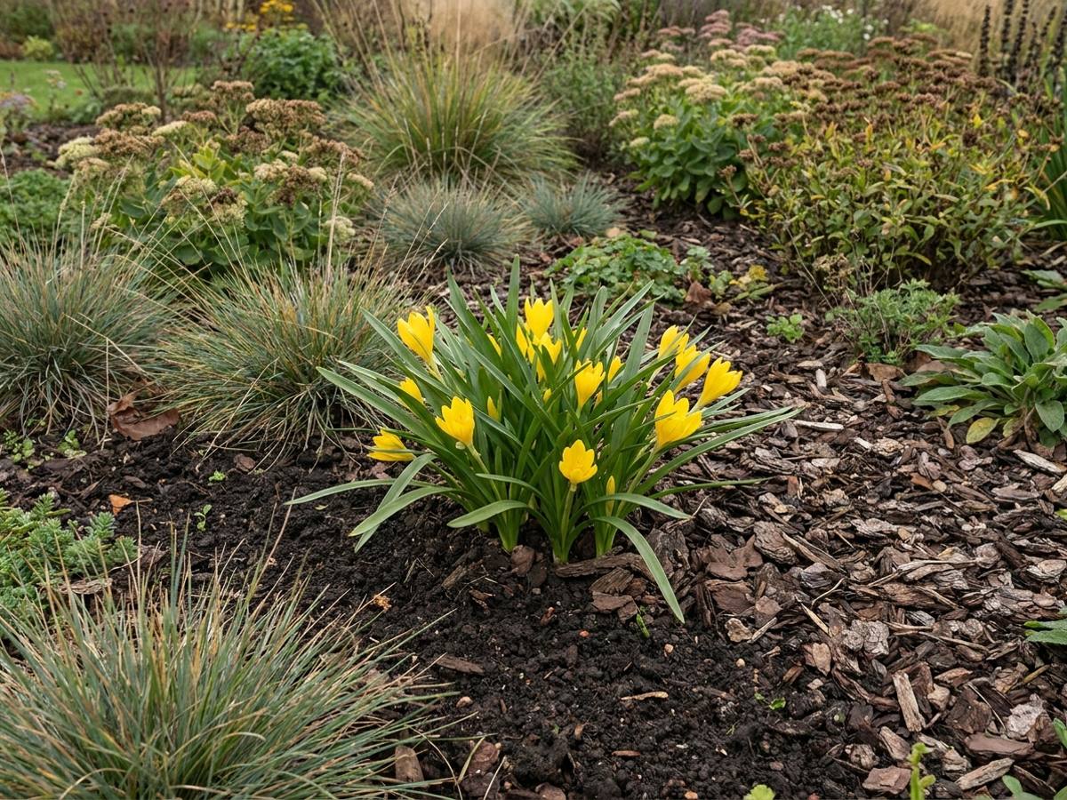 Sternbergia lutea growing in a garden border