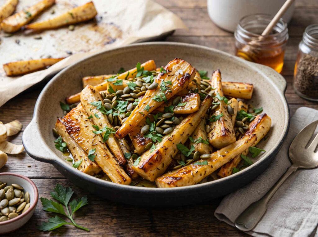 Caraway-Honey Roasted Parsnips with Pumpkin Seeds and Parsley