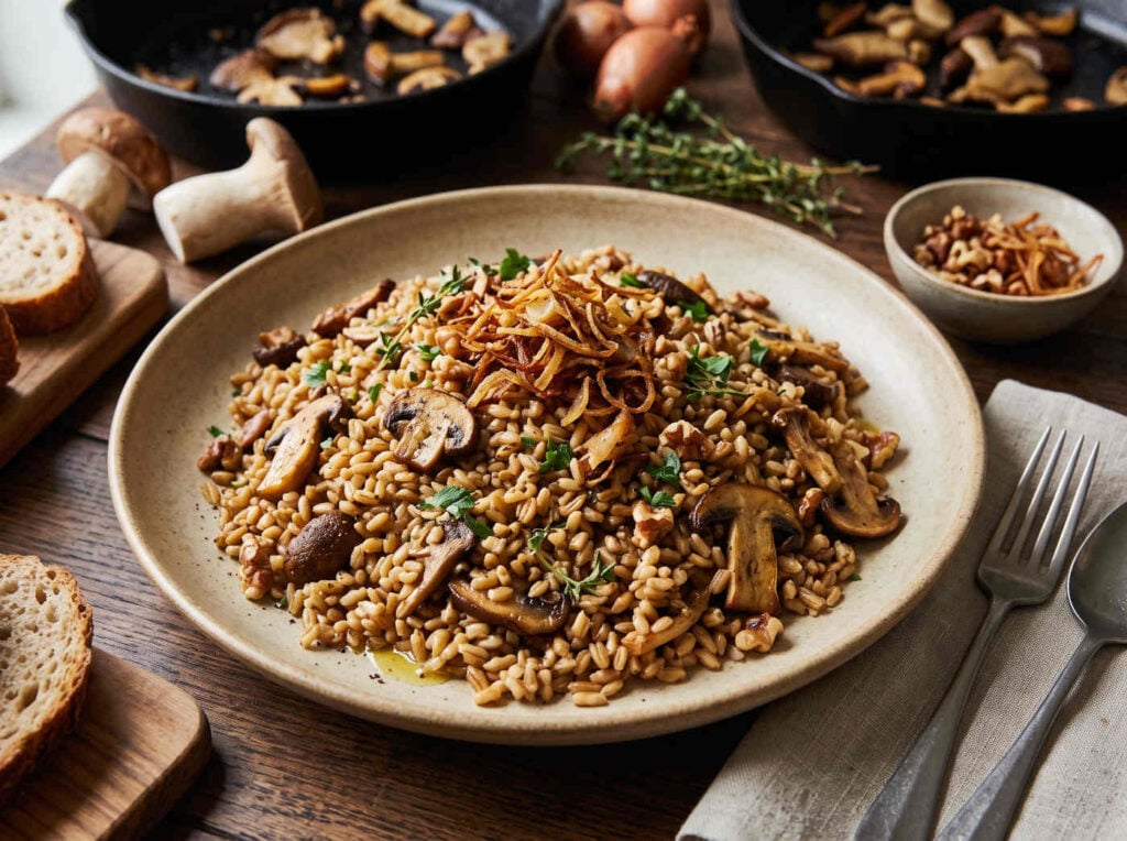 Dry-Seared Mushroom Pilaf with Thyme, Walnuts and Crisp Shallots