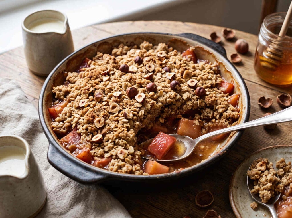 Honey-Poached Quince Crumble with Rye and Hazelnut Topping