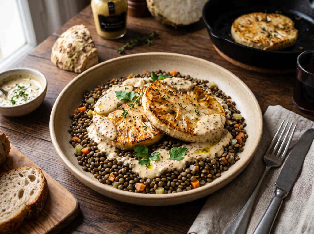Seared Celeriac Steaks with Lentils and Mustard Cream