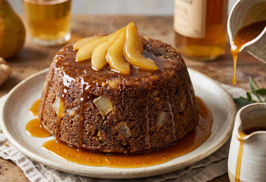 Steamed Pear and Ginger Pudding with Cider Caramel
