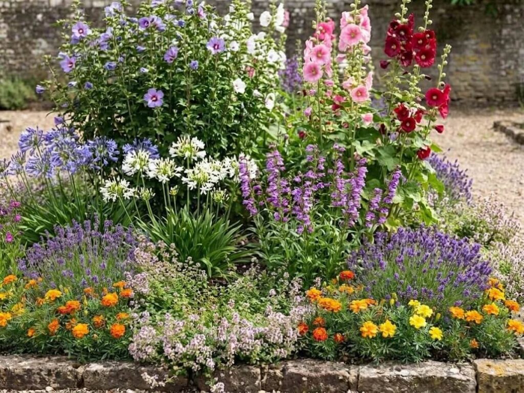 a flower bed in full sun, flowering in summer