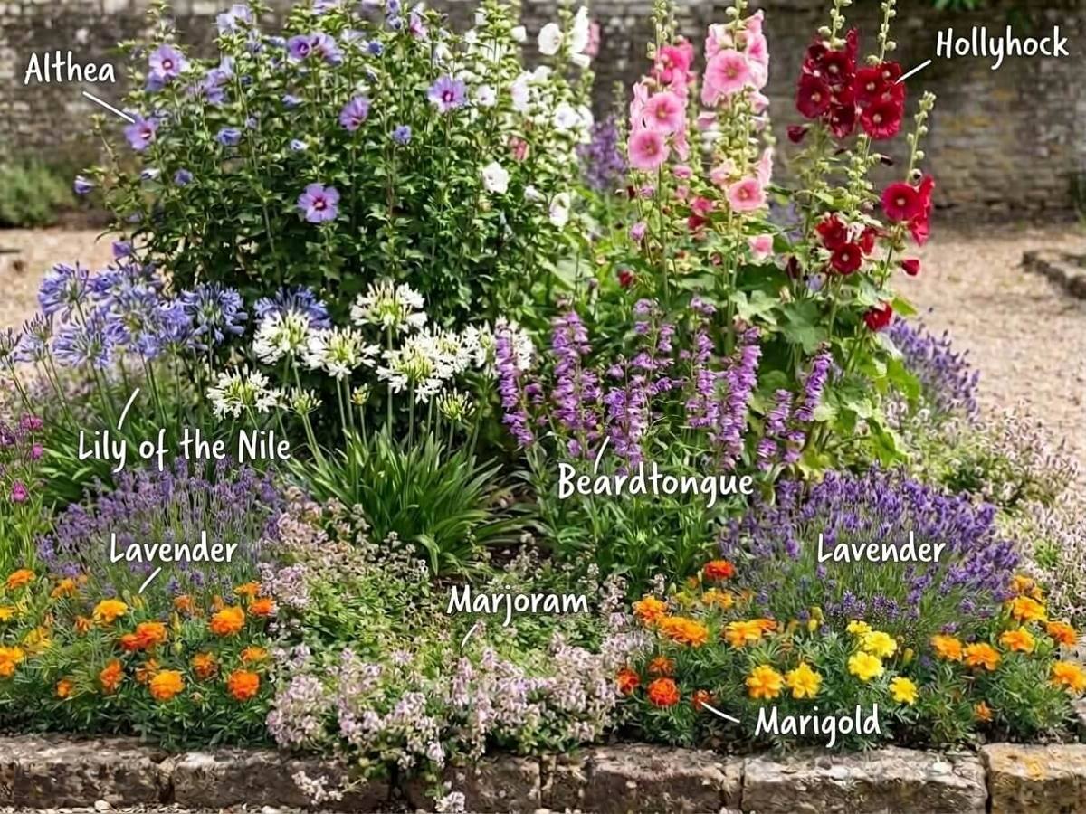 a flower bed in full sun, flowering in summer, with each plant labelled