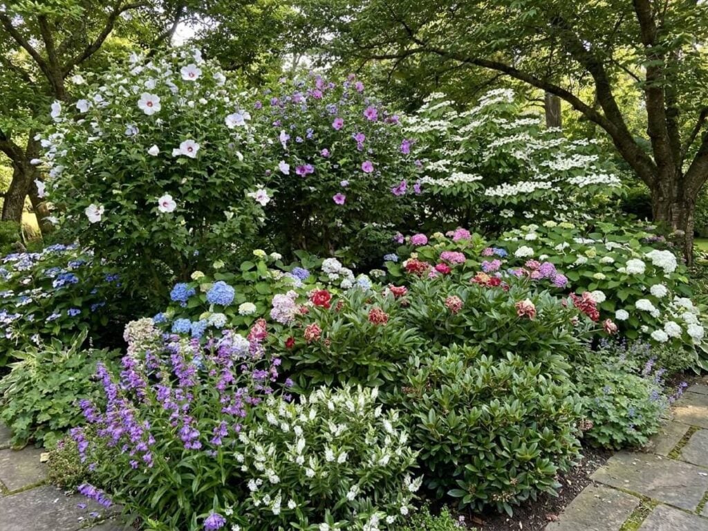 a flower bed in partial shade, flowering in summer