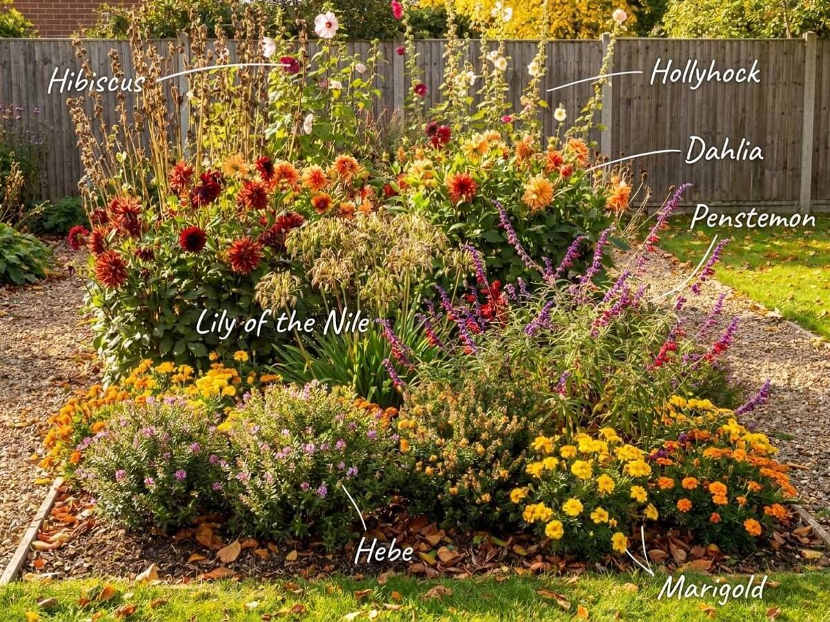 a flower bed in full sun, flowering in autumn, with each plant labelled