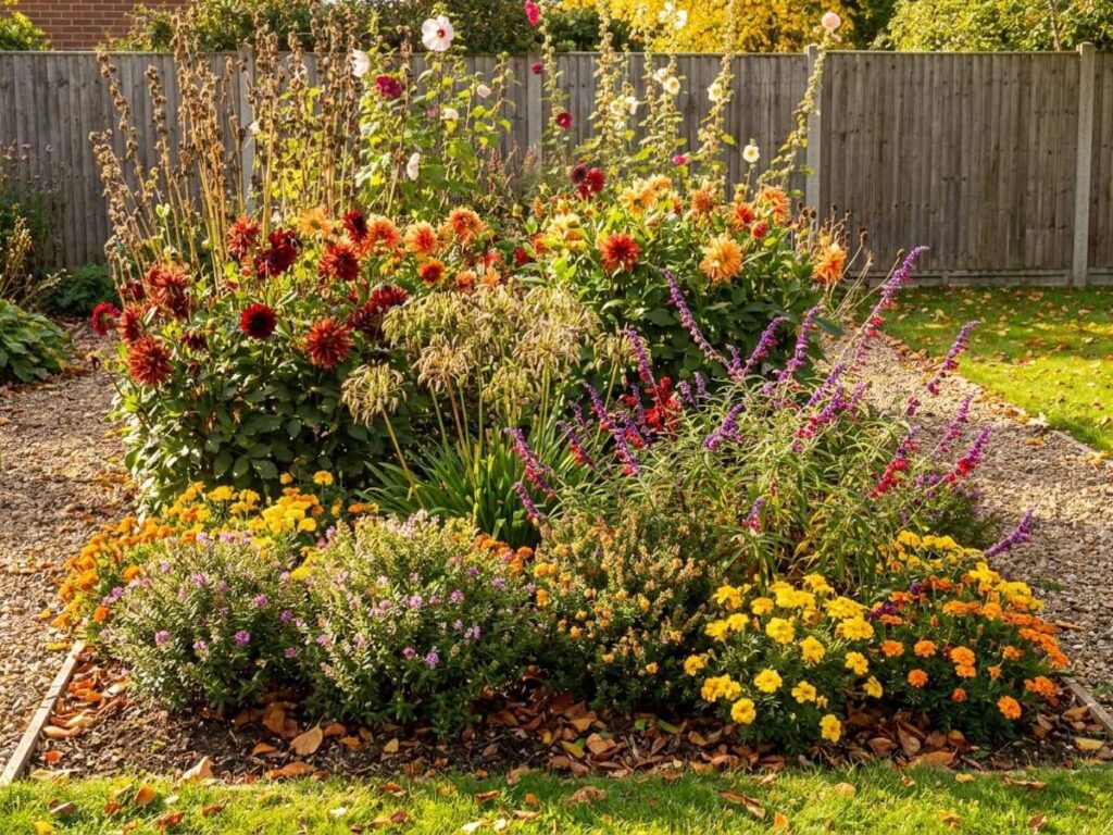 a flower bed in full sun, flowering in autumn