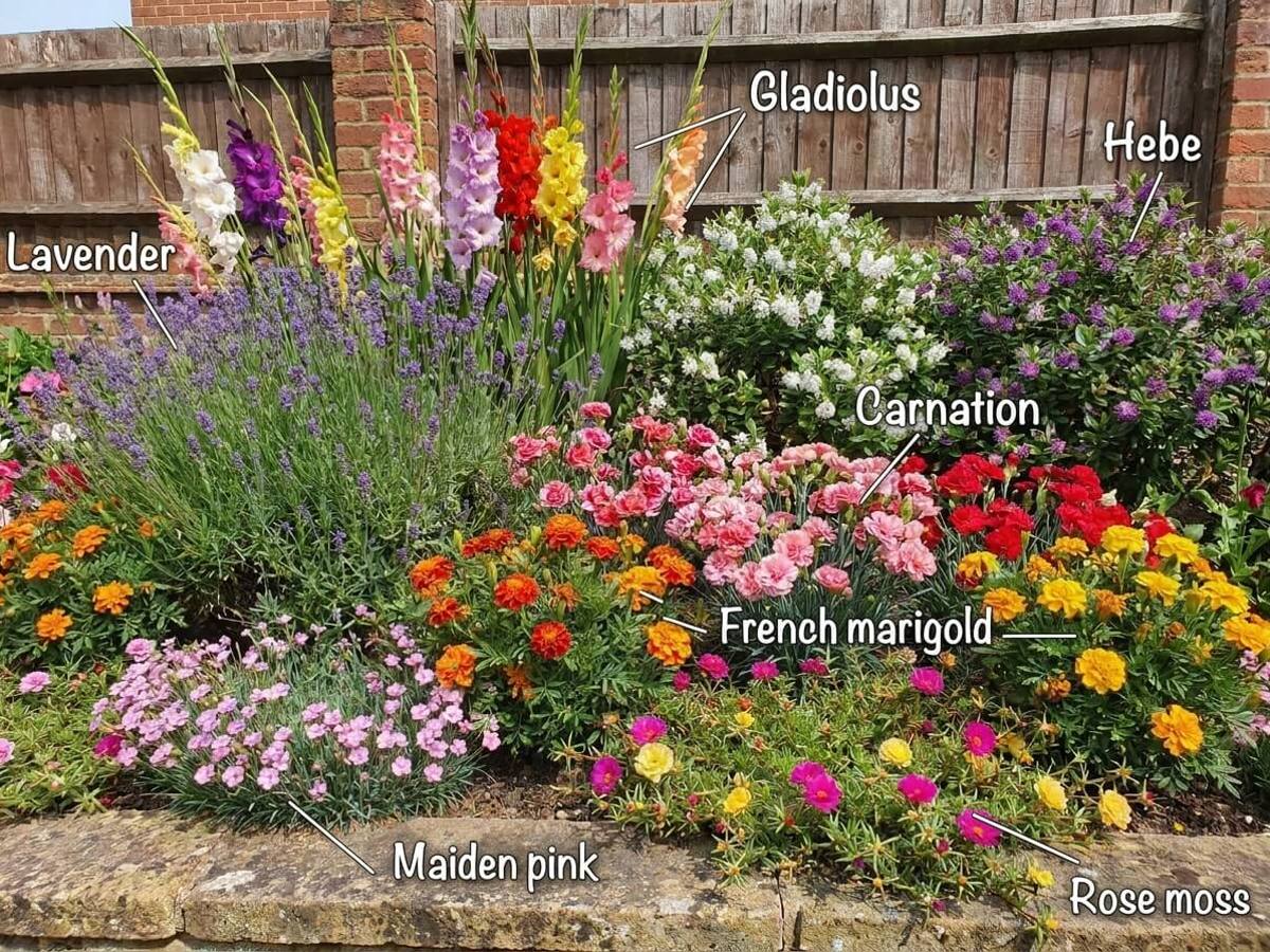 a border edging in full sun, flowering in summer, with each plant labelled